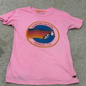 Aviator Nation Pink Tee with Rainbow Graphic